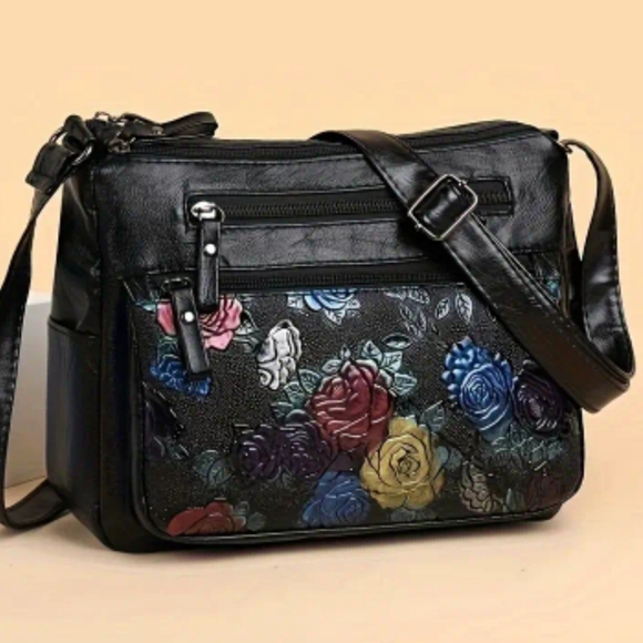 Handbags - Elegant Black Floral Embossed Faux Leather Shoulder Bag with Multiple Zip Com